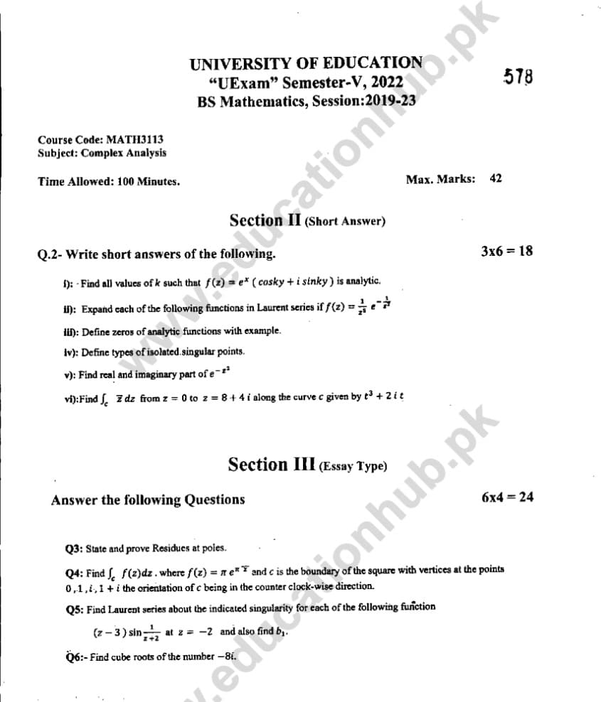 Math-3113 Subjective BS Math Education Uni Past Paper 2022
