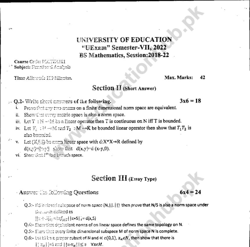 Math-4111 Subjective BS Math Education Uni Past Paper 2022