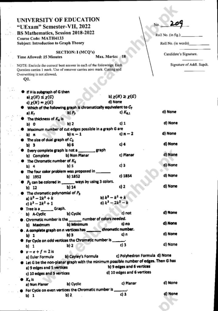 Math-4133 objective BS Math Education Uni Past Paper 2022