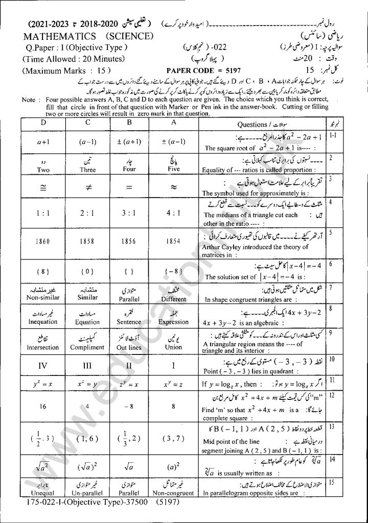 Lahore Board Th Class Mathematics Past Paper Annual Group Education Hub