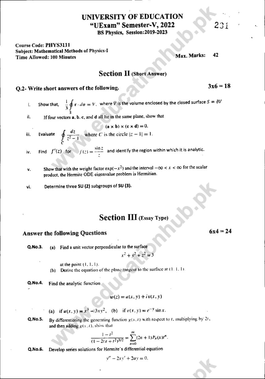 PHYS-3111 SUbjective BS Physics Education University PAst paper 2022