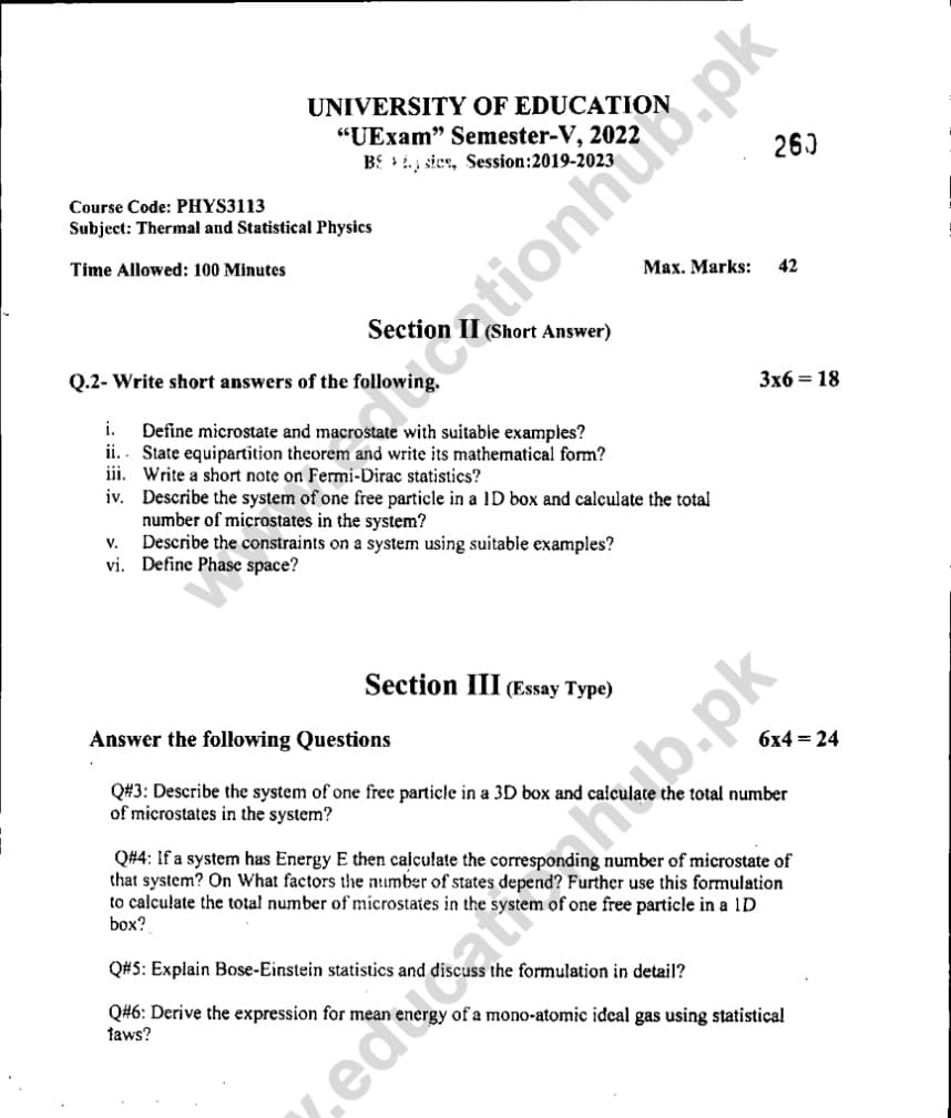 PHYS-3113 SUbjective BS Physics Education University PAst paper 2022