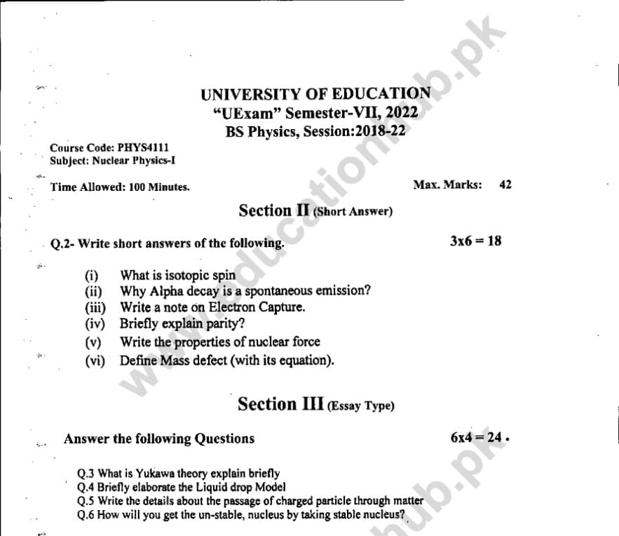 PHYS-4111 SUbjective BS Physics Education University PAst paper 2022