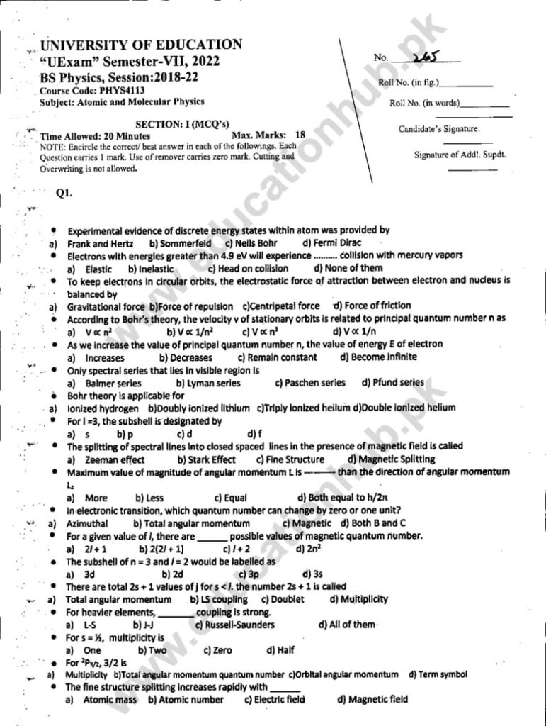 PHYS4113 Atomic and Molecular Physics BS Physics Education University ...