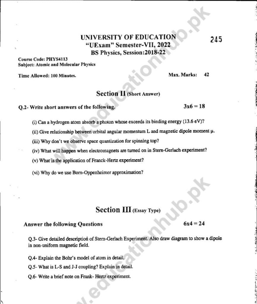 PHYS-4113 SUbjective BS Physics Education University PAst paper 2022