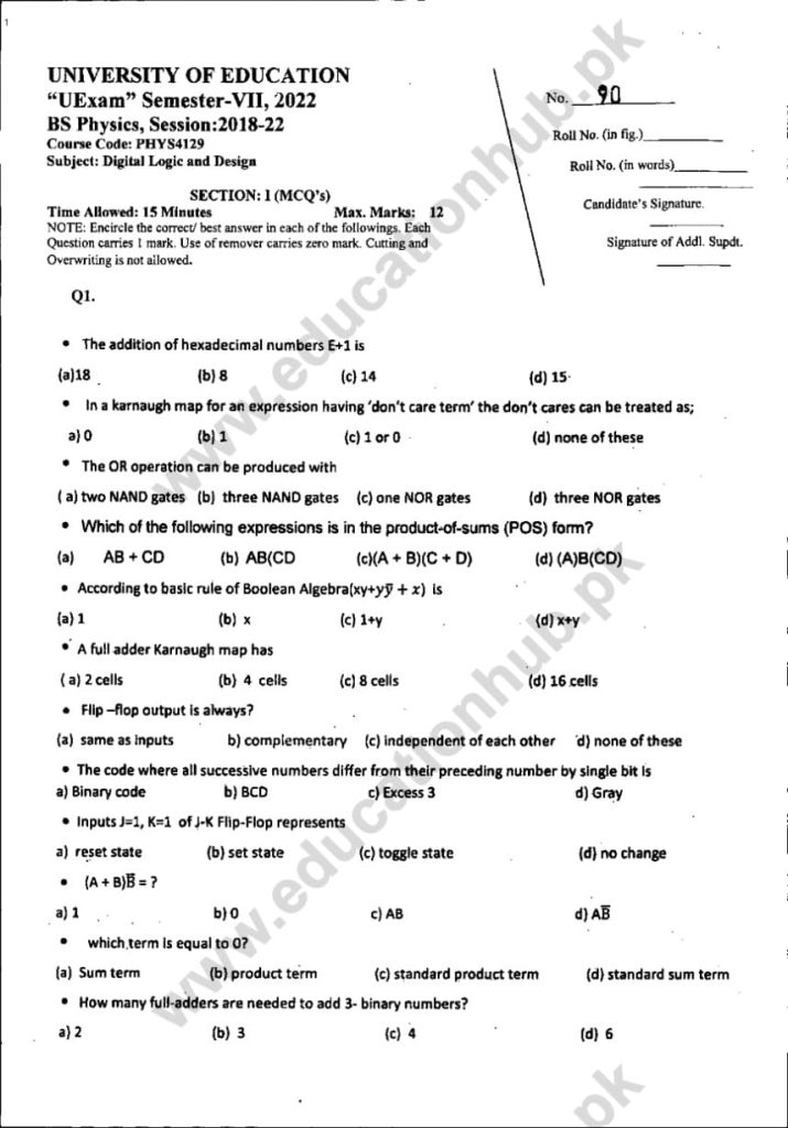 PHYS-4129 Objective BS Physics Education University PAst paper 2022