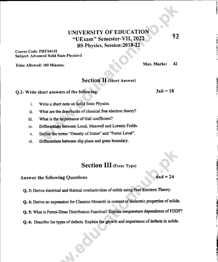 PHYS-4132 SUbjective BS Physics Education University PAst paper 2022