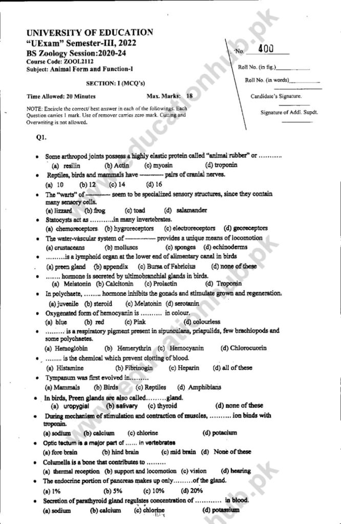 ZOOL2112 objective BS Zoology Education University Past Paper 2022