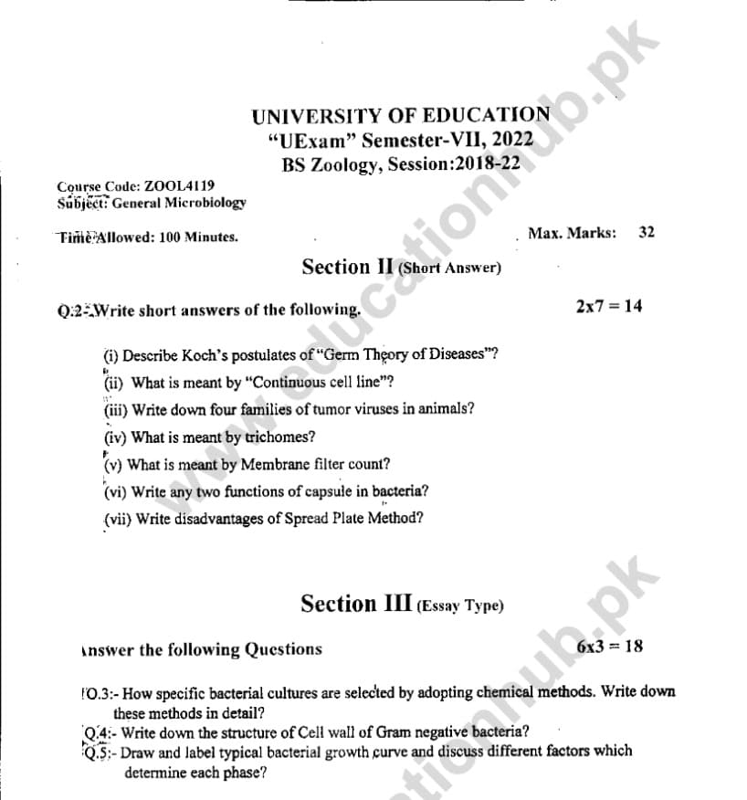 ZOOL4119 Subjective BS Zoology Education University Past Paper 2022