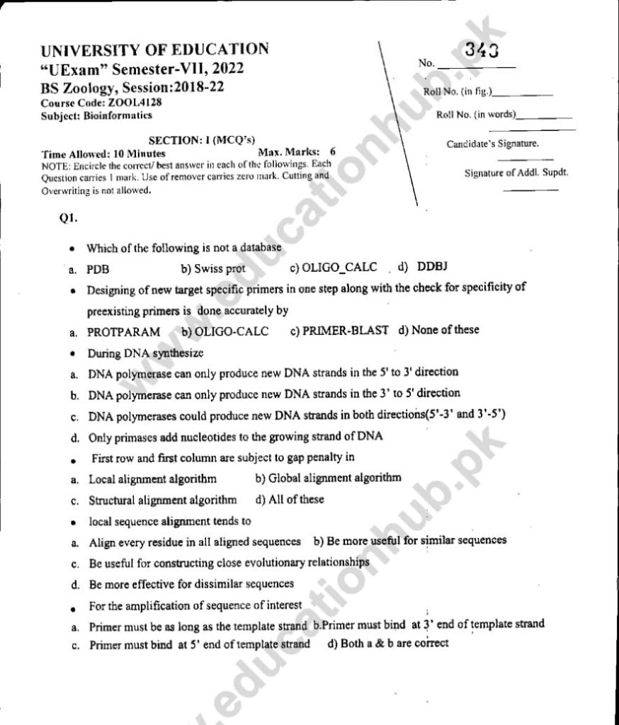 ZOOL4128 objective BS Zoology Education University Past Paper 2022