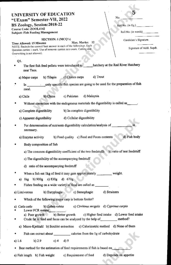 ZOOL4142 objective BS Zoology Education University Past Paper 2022