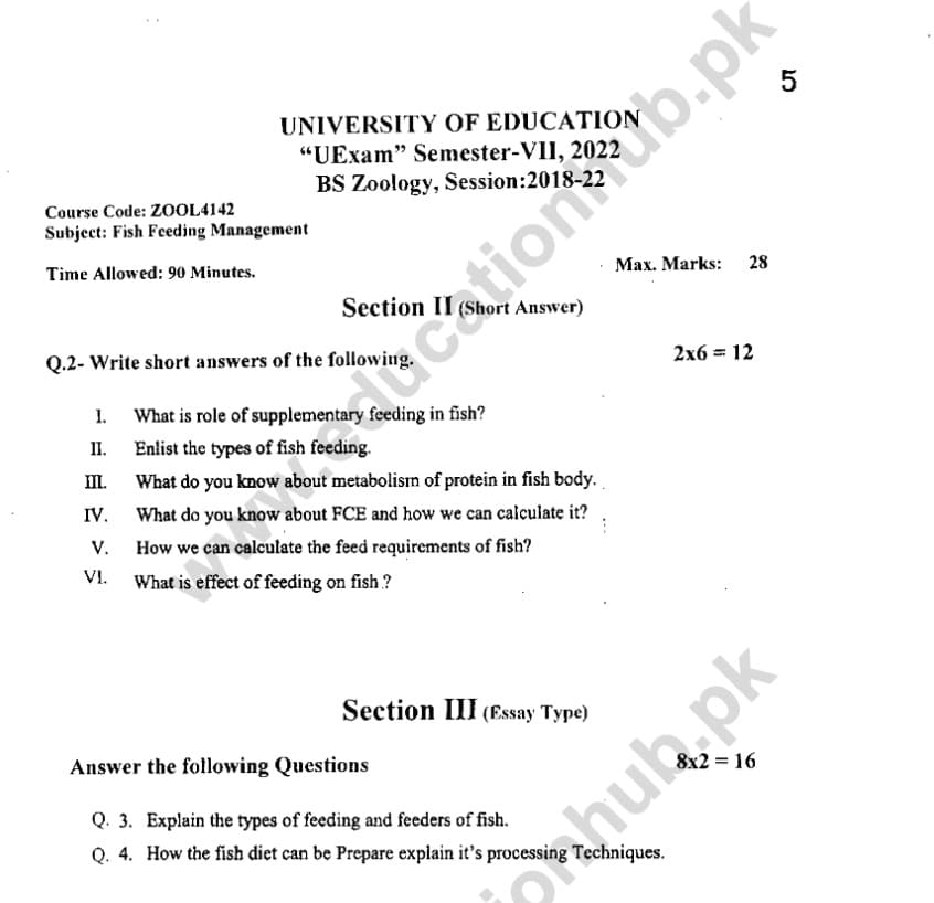 ZOOL4142 subjective BS Zoology Education University Past Paper 2022
