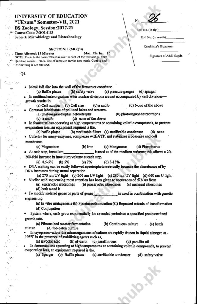ZOOL4153 Objective BS Zoology Education University Past Paper 2022
