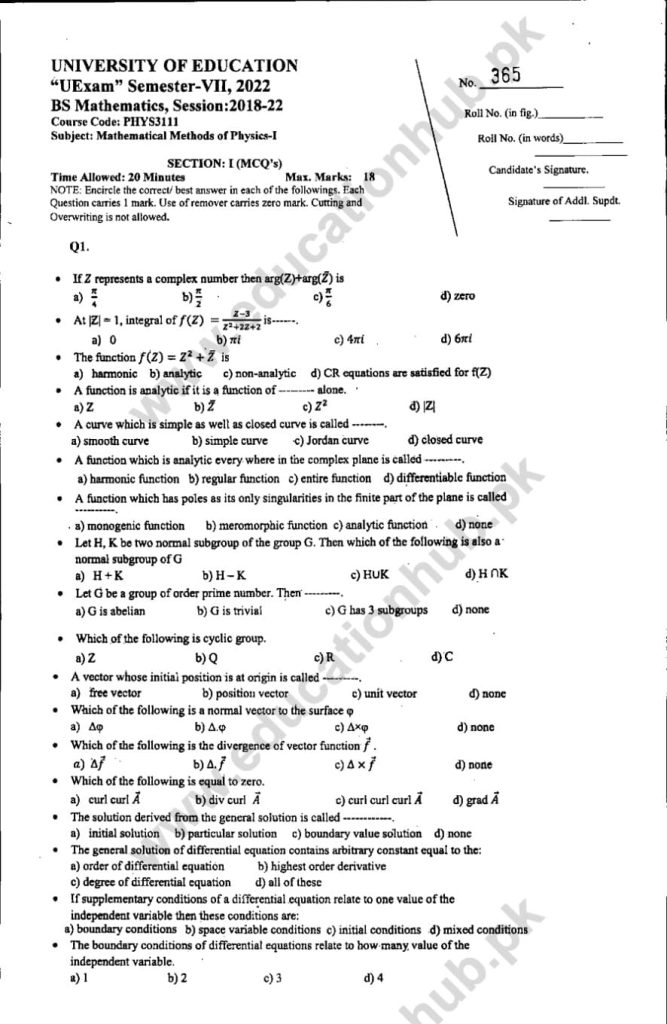 phys-3111 Objective BS Math Education Uni Past Paper 2022