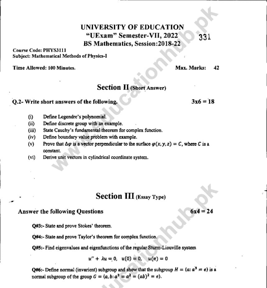 PHYS3111 Mathematical Methods Of Physics-I BS Math Education University ...