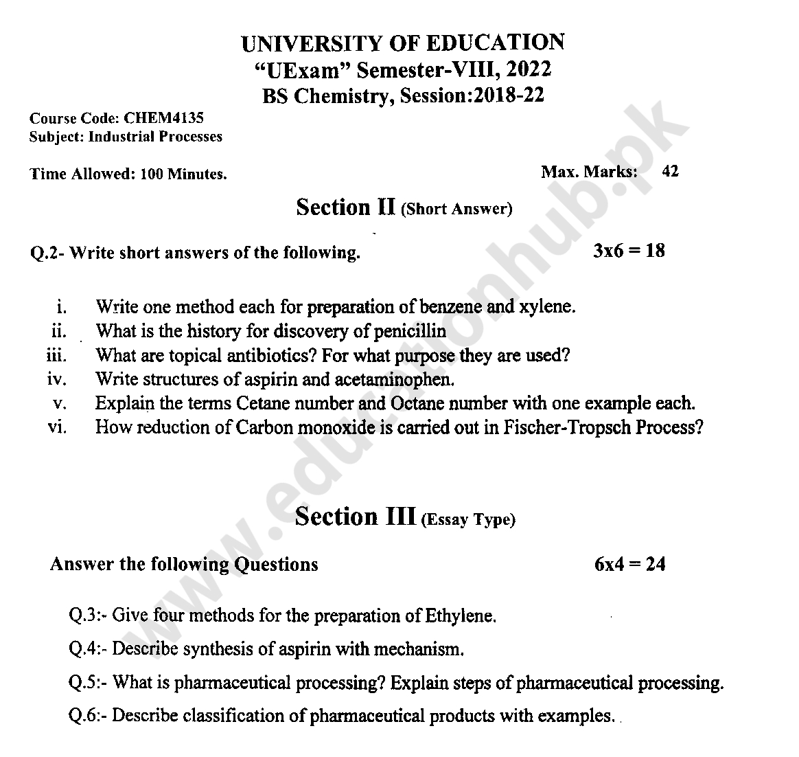 CHEM-4135 subjective BS Chemistry Education University Past Papers