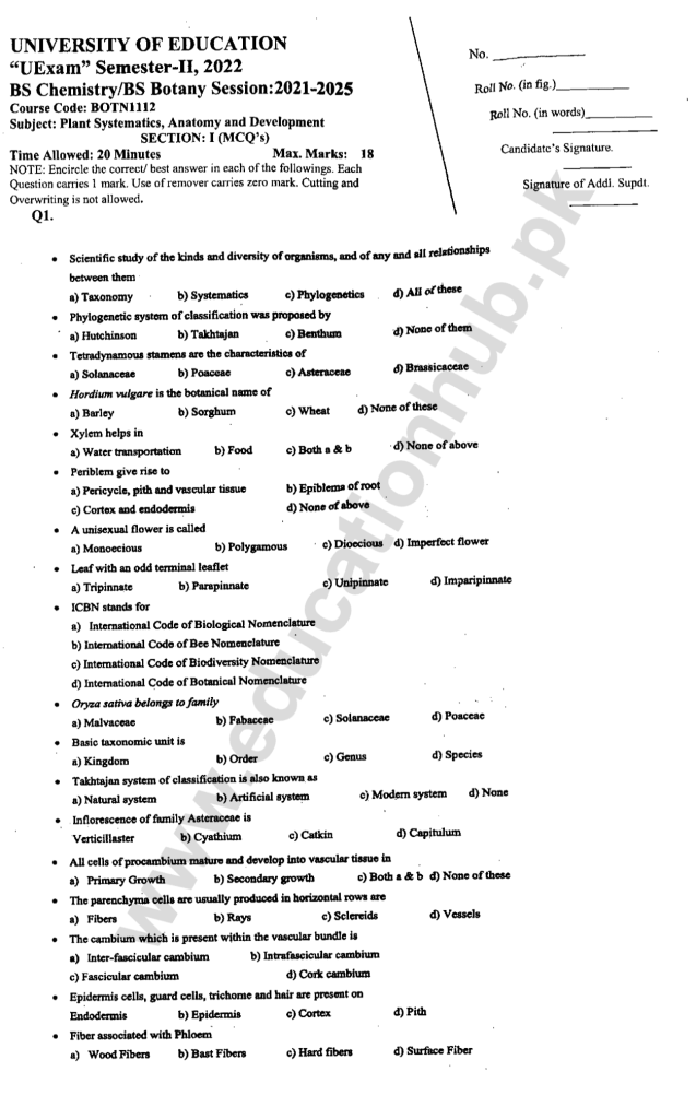 BOTN1112 BS Education University Objective Past Paper 2022