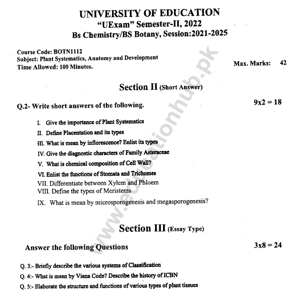 BOTN1112 BS Education University Past Paper 2022