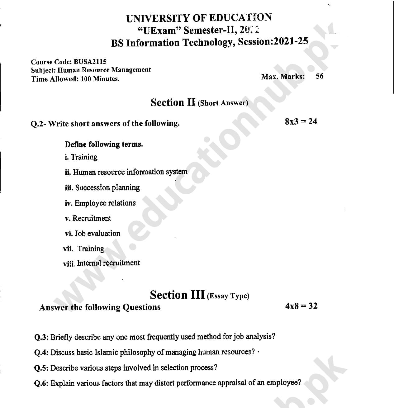 BUSA-2115 Subjective BS IT Education University PAst Paper 2022