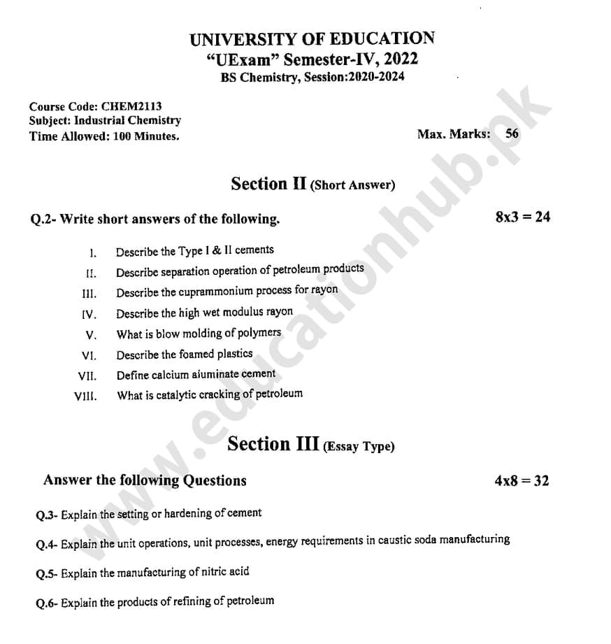 CHEM-2113 subjective BS Chemistry Education University Past Papers1