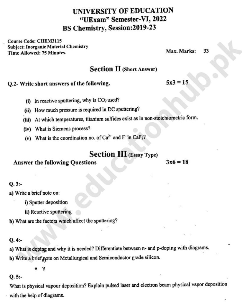 CHEM-3115 subjective BS Chemistry Education University Past Papers