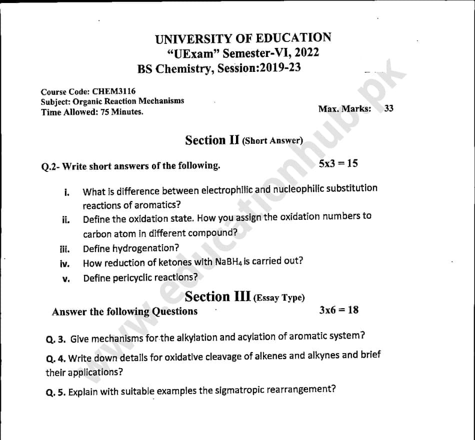 CHEM-3116 subjective BS Chemistry Education University Past Papers