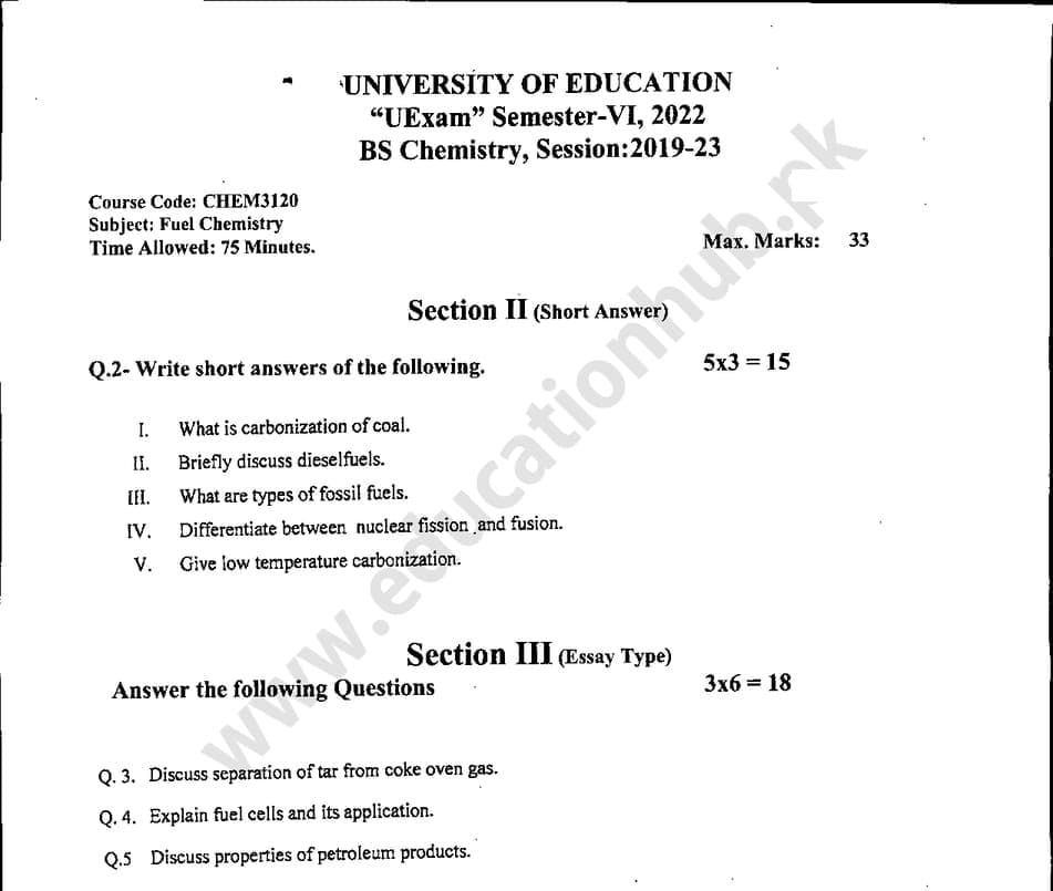 CHEM-3120 subjective BS Chemistry Education University Past Papers