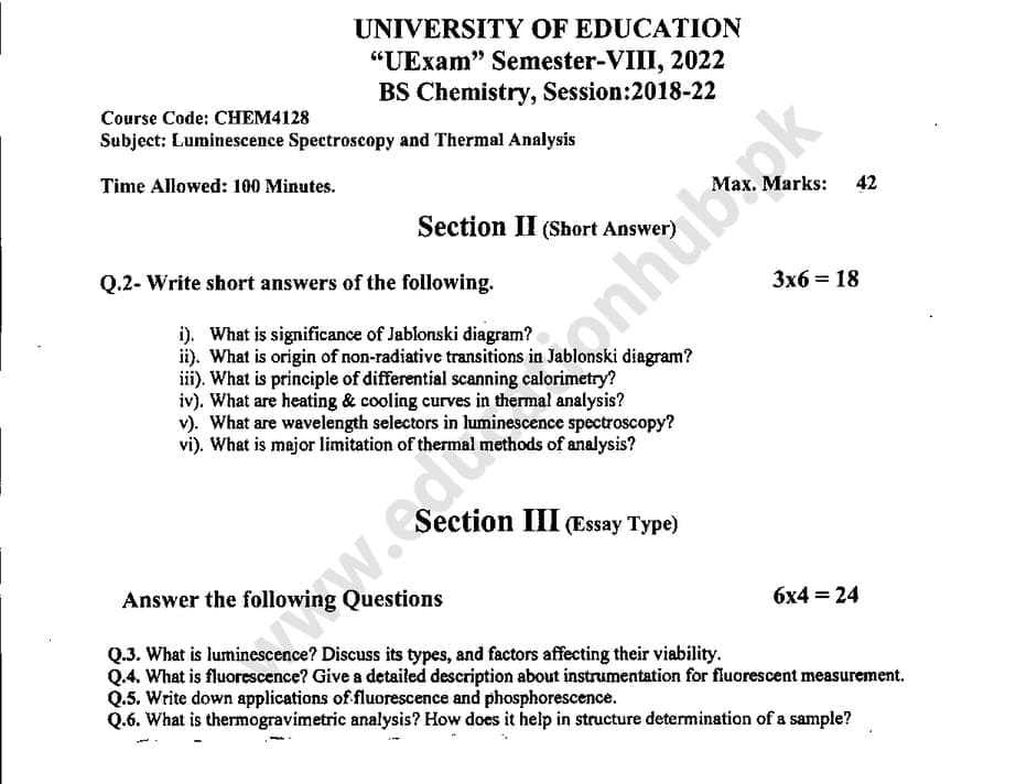 CHEM-4128 subjective BS Chemistry Education University Past Papers