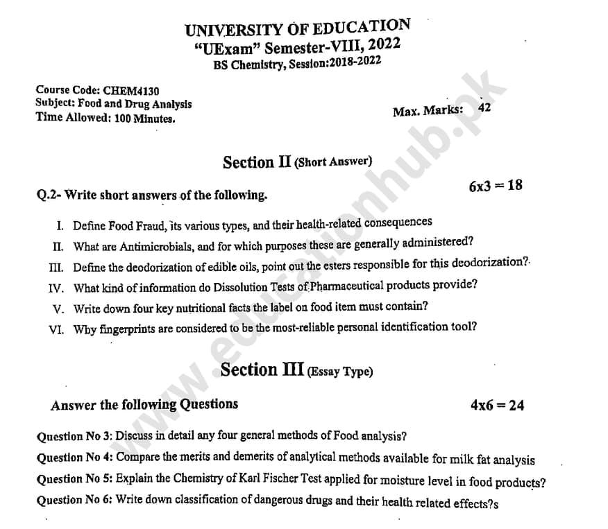 CHEM-4130 subjective BS Chemistry Education University Past Papers