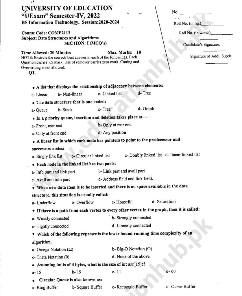 COMP-2113 Objective BS IT Education University PAst Paper 2022