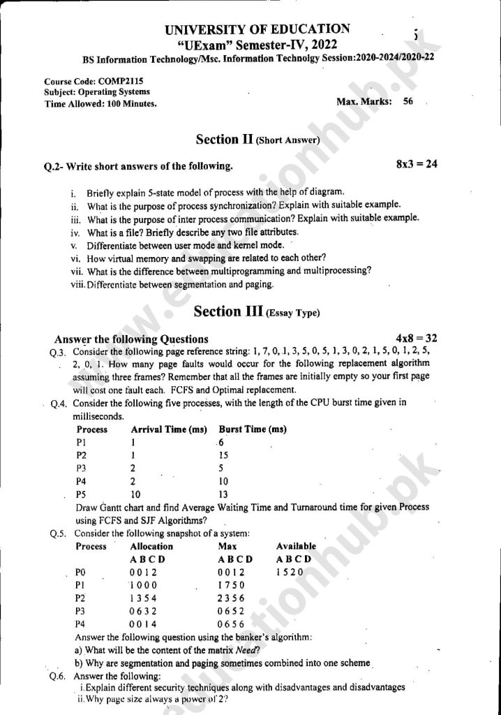 COMP2115 Subjective BS IT Education University PAst Paper 2022