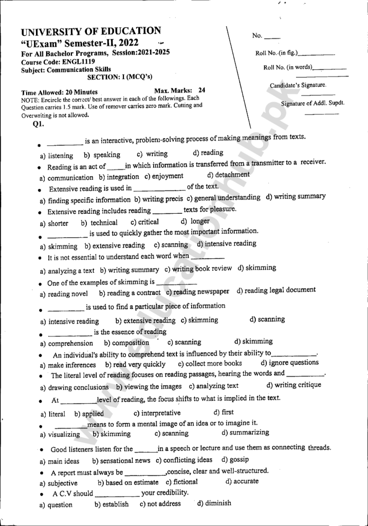 ENGL1119 BS Education University Objective Past Paper 2022
