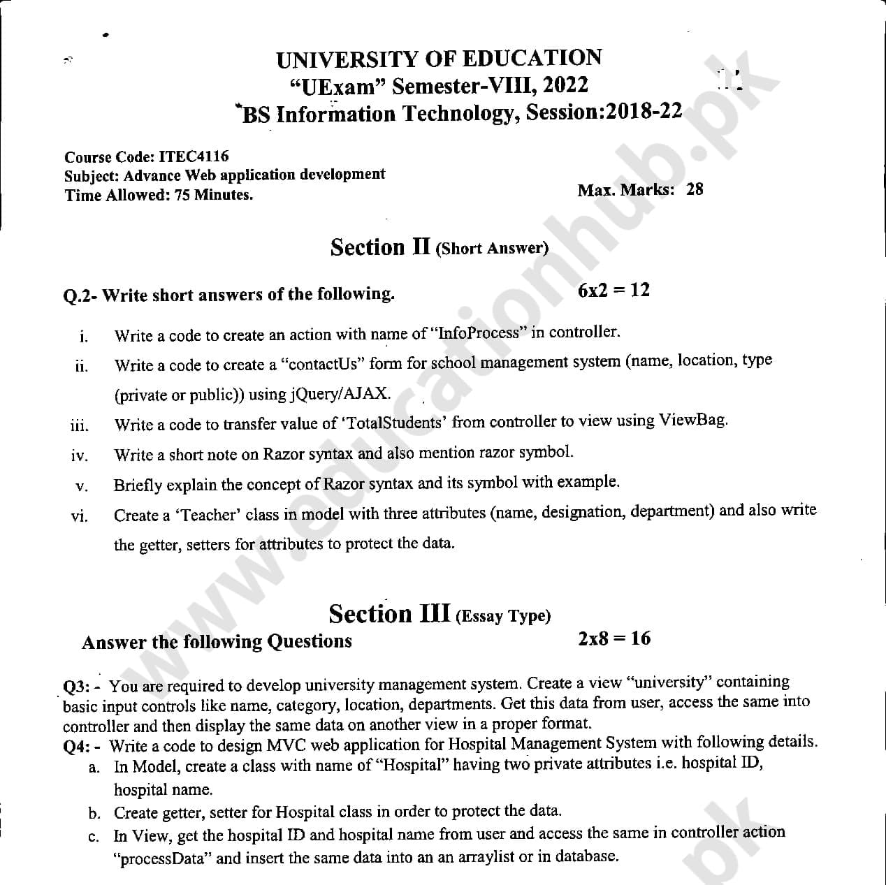 ITEC-4116 Subjective BS IT Education University PAst Paper 2022 (2)