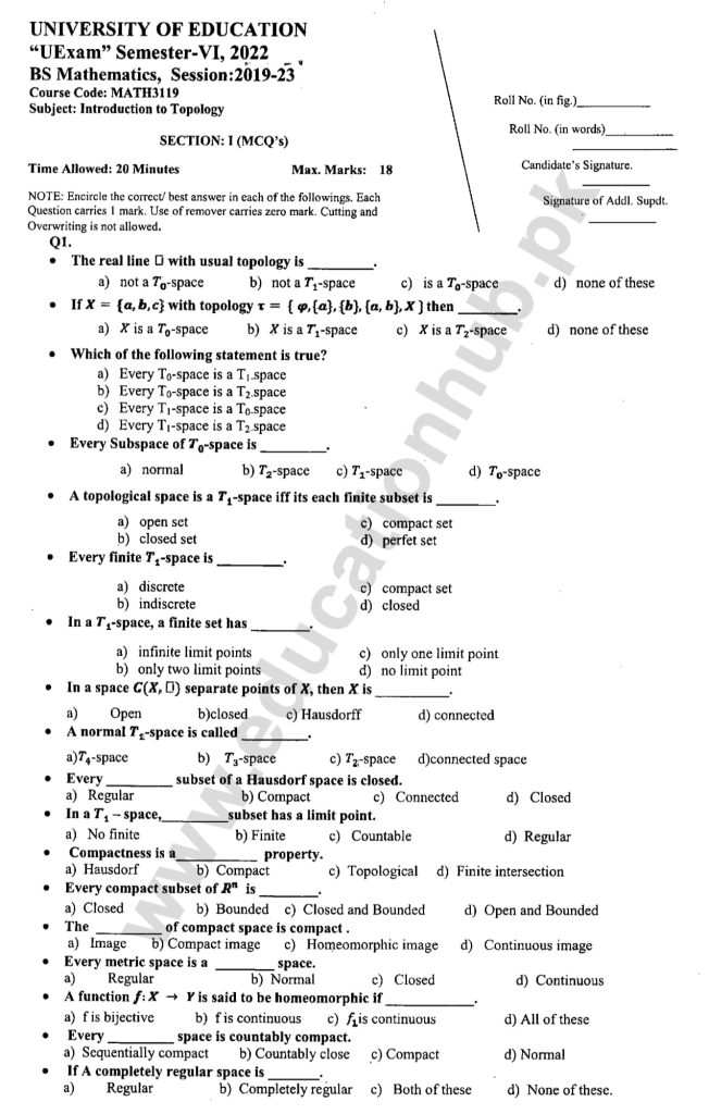 MATH3119 Objective BS MATH Education University Past Paper 2022