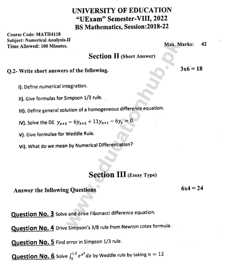 MATH4118 Subjective BS MATH Education University Past Paper 2022