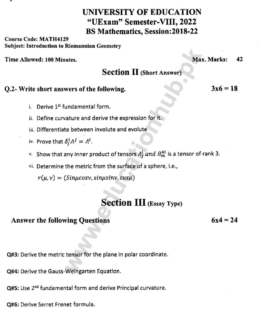 MATH4129 Subjective BS MATH Education University Past Paper 2022