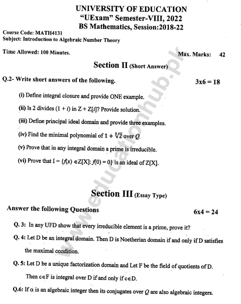 MATH4131 Subjective BS MATH Education University Past Paper 2022