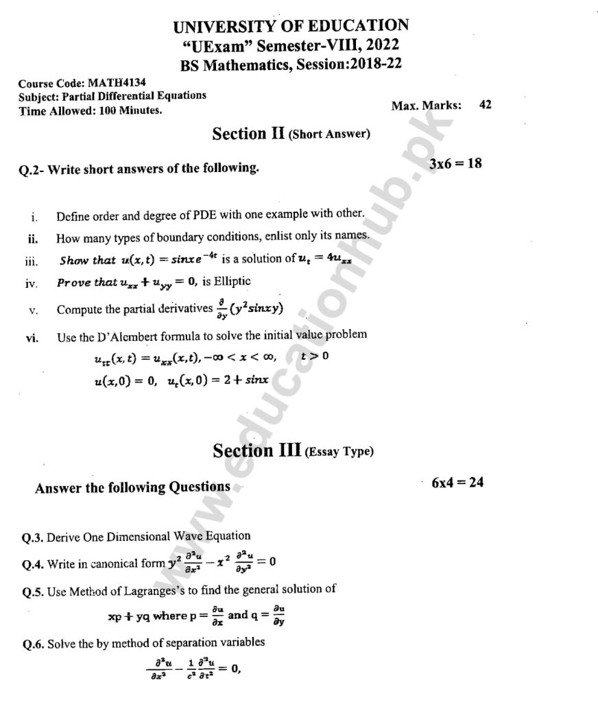 MATH4134 Subjective BS MATH Education University Past Paper 2022