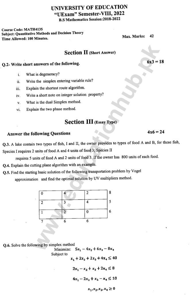 MATH4135 Subjective BS MATH Education University Past Paper 2022