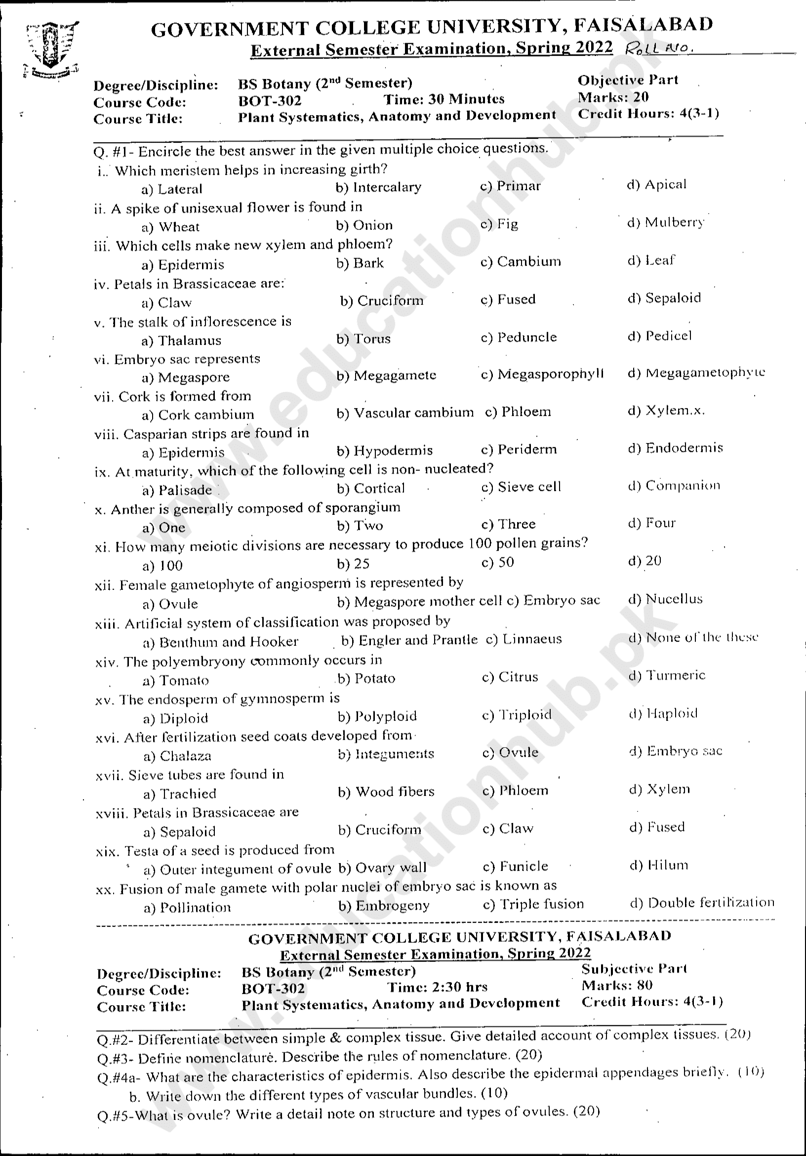 BOT-302 BS Botany GCUF Spring-2022 Past Paper