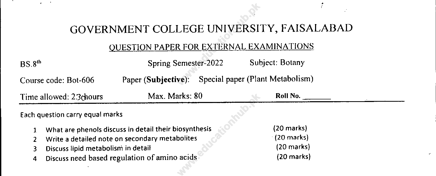 BOT-606 BS Botany GCUF Spring-2022 Past Paper