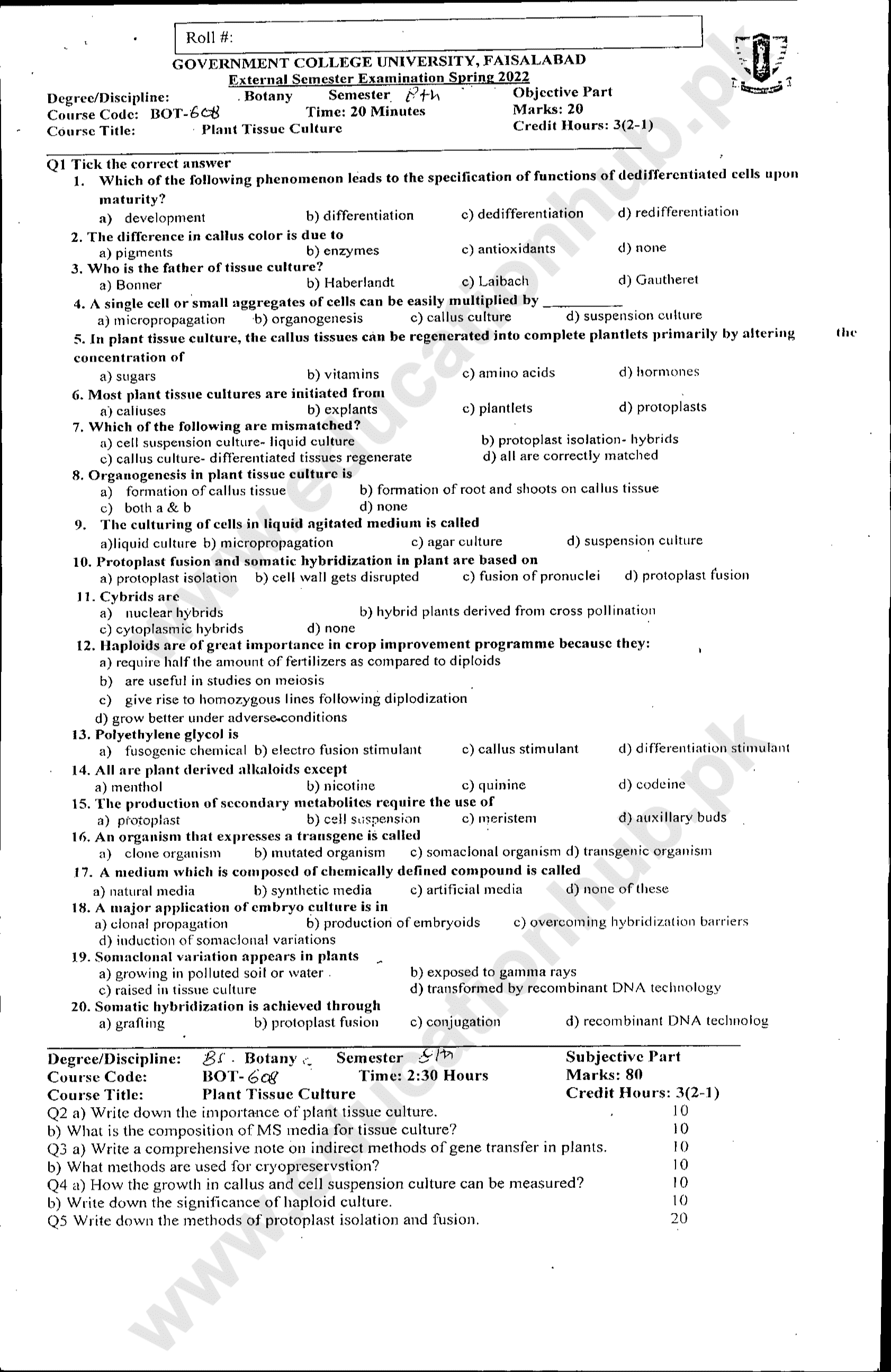 BOT-608 BS Botany GCUF Spring-2022 Past Paper