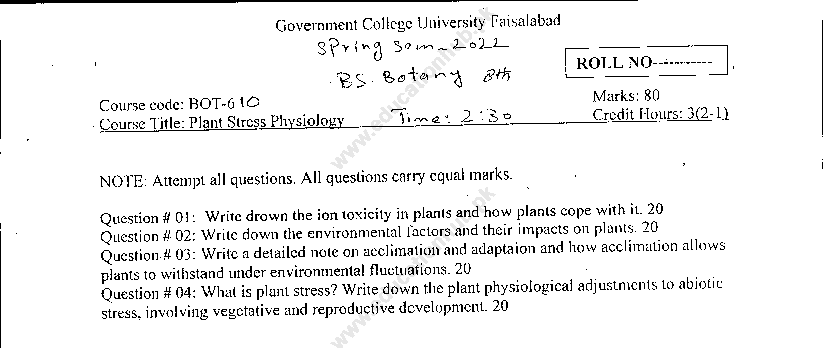 BOT-610 BS Botany GCUF Spring-2022 Past Paper