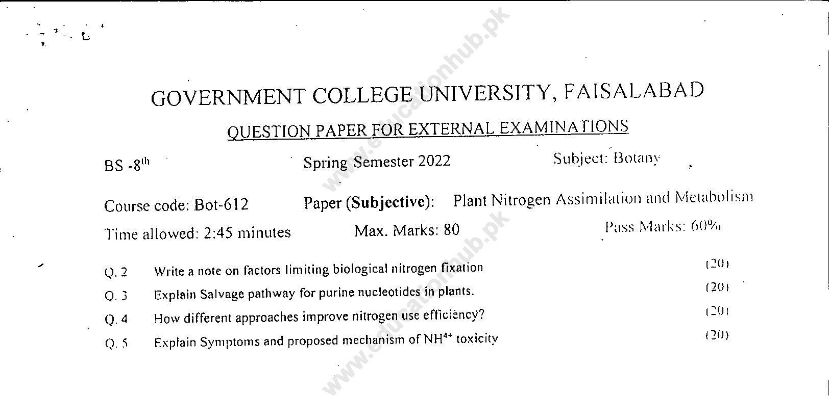 BOT-612 BS Botany GCUF Spring-2022 Past Paper