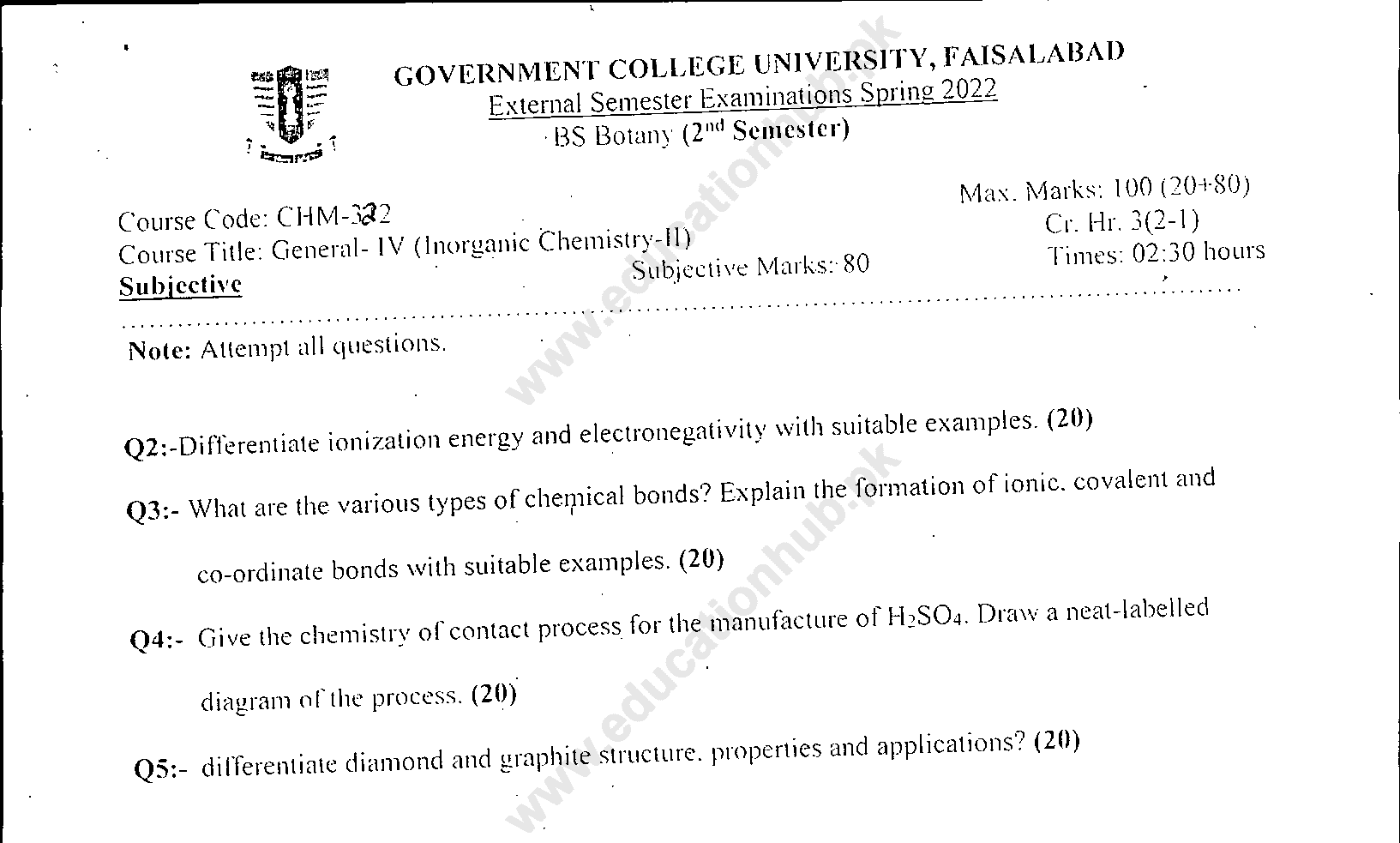 CHM-322 BS Botany GCUF Spring-2022 Past Paper (2)