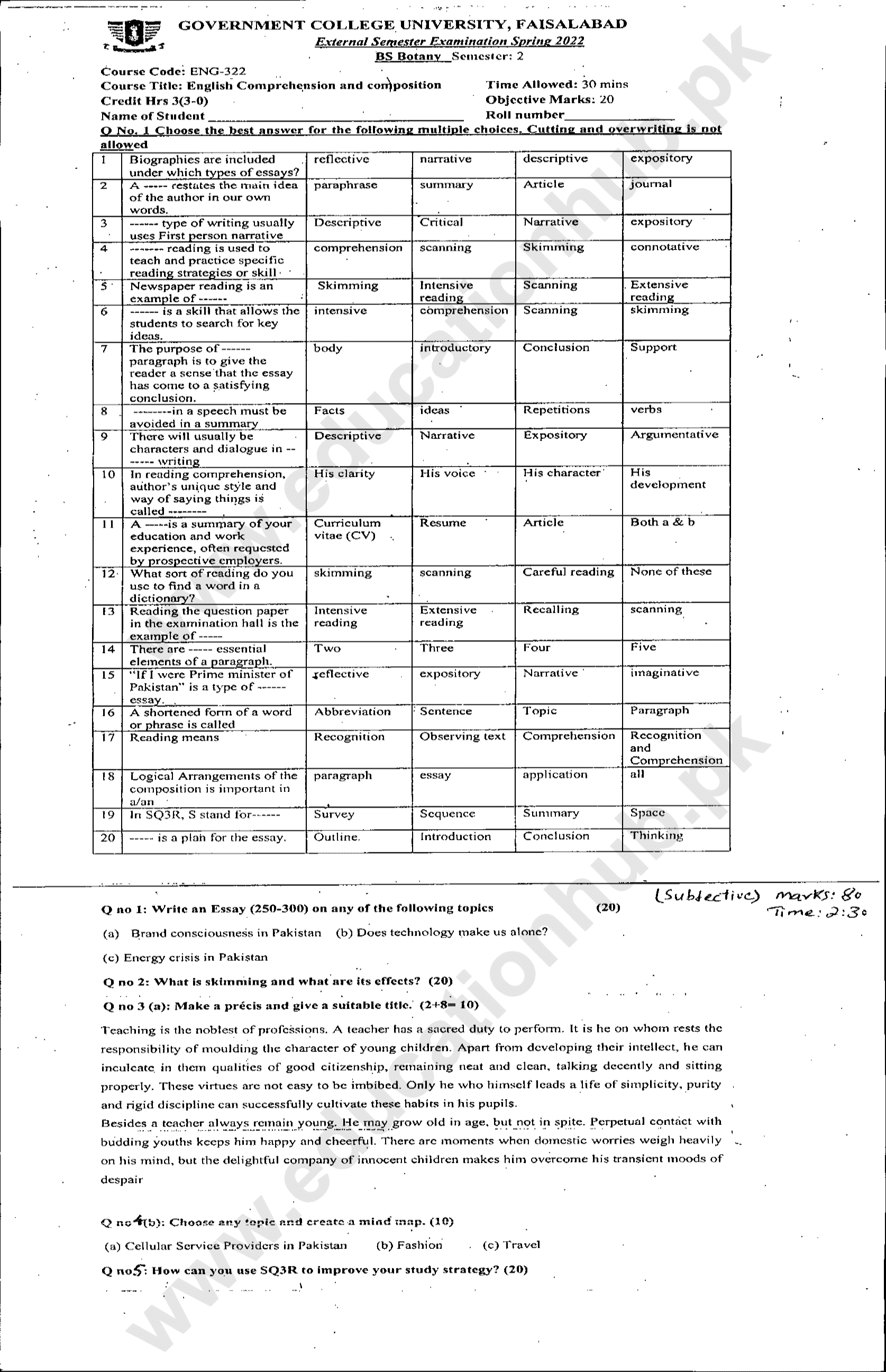 ENG-322 BS Botany GCUF Spring-2022 Past Paper