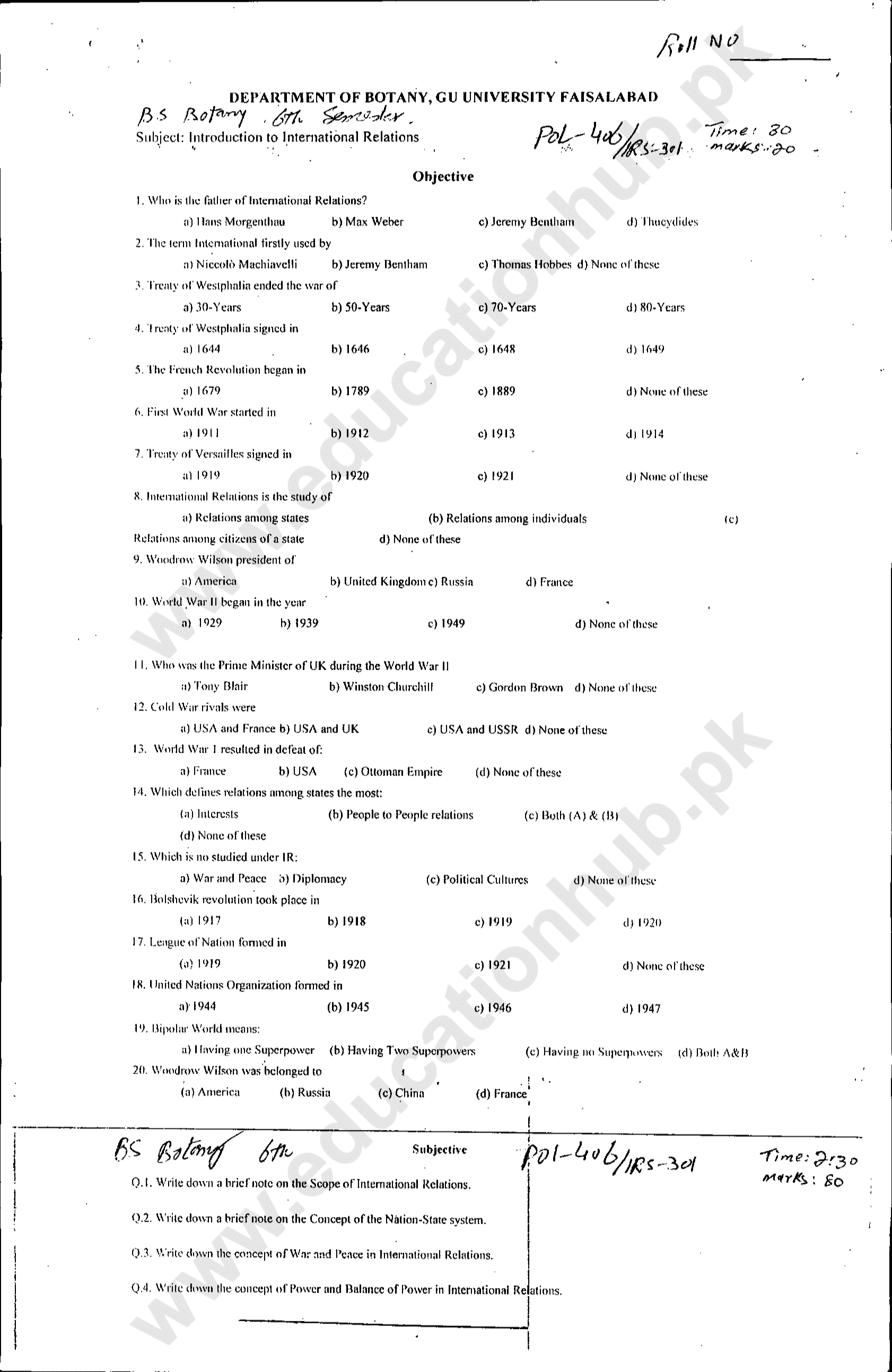 POL-406 BS Botany GCUF Spring-2022 Past Paper