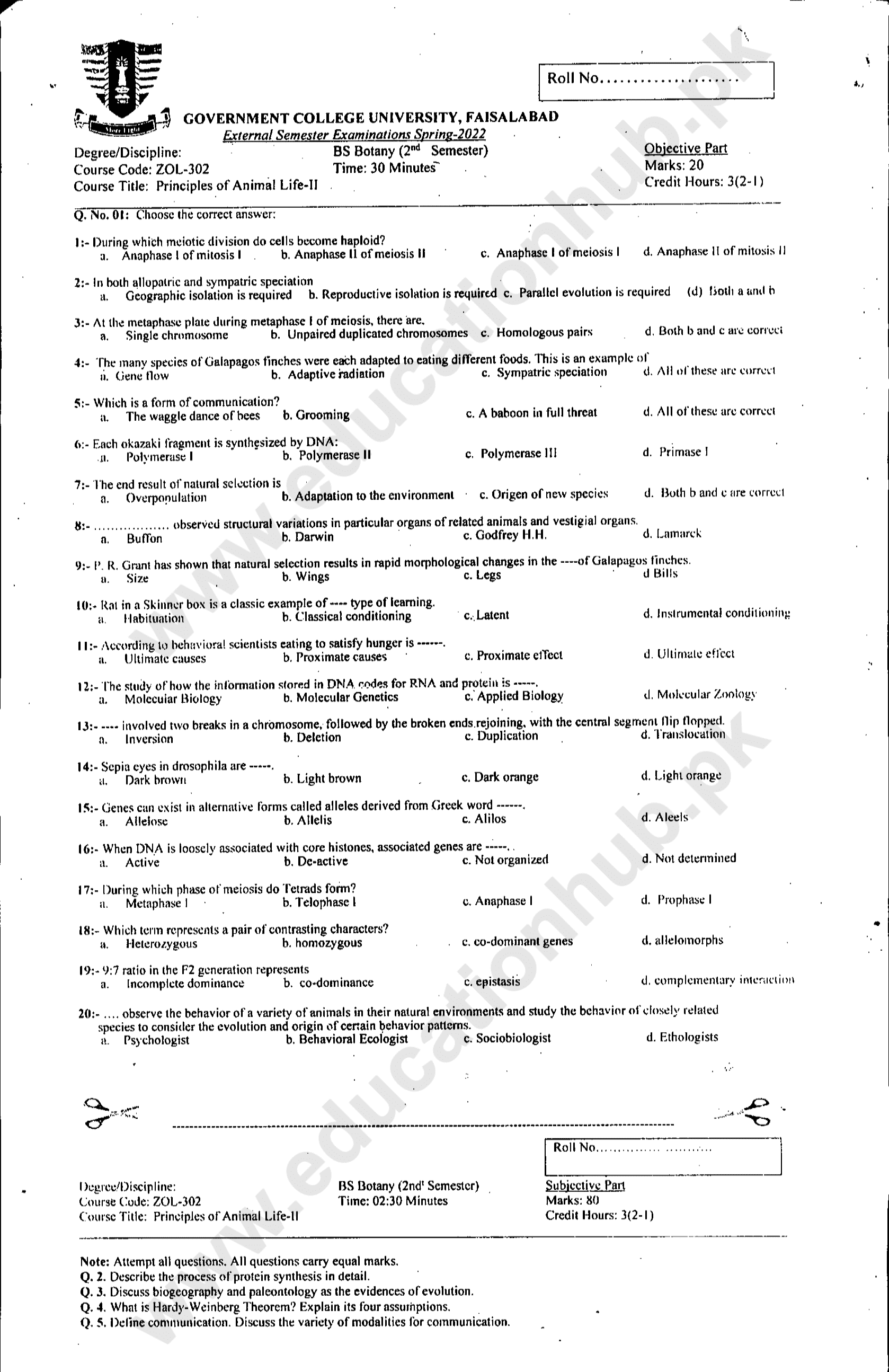 ZOL-302 BS Botany GCUF Spring-2022 Past Paper