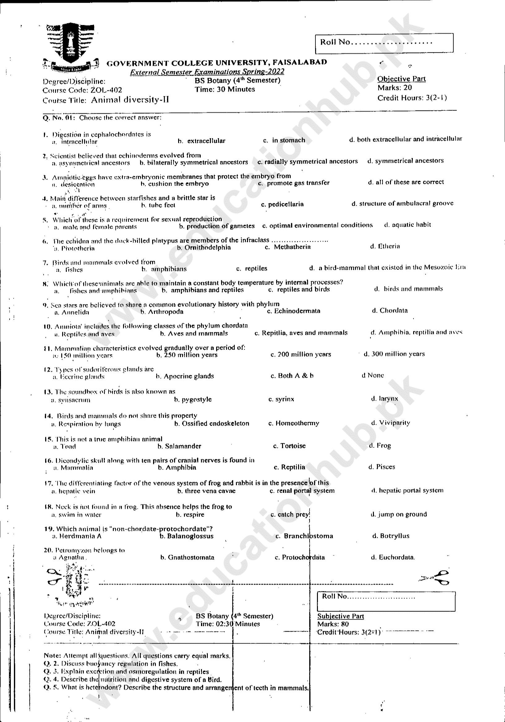 ZOL-402 BS Botany GCUF Spring-2022 Past Paper