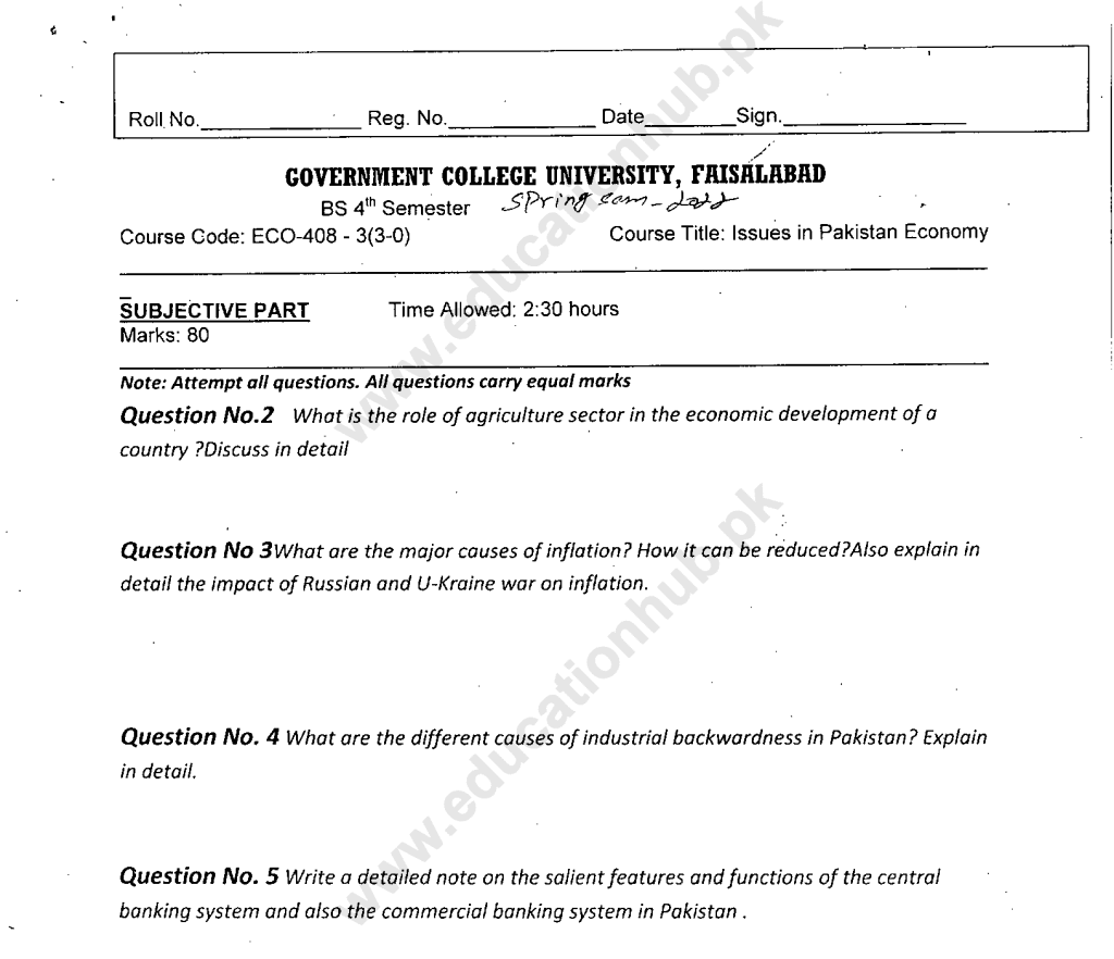 ECO-408 Issues in Pakistan Economy BS Geography GCUF Past Papers ...